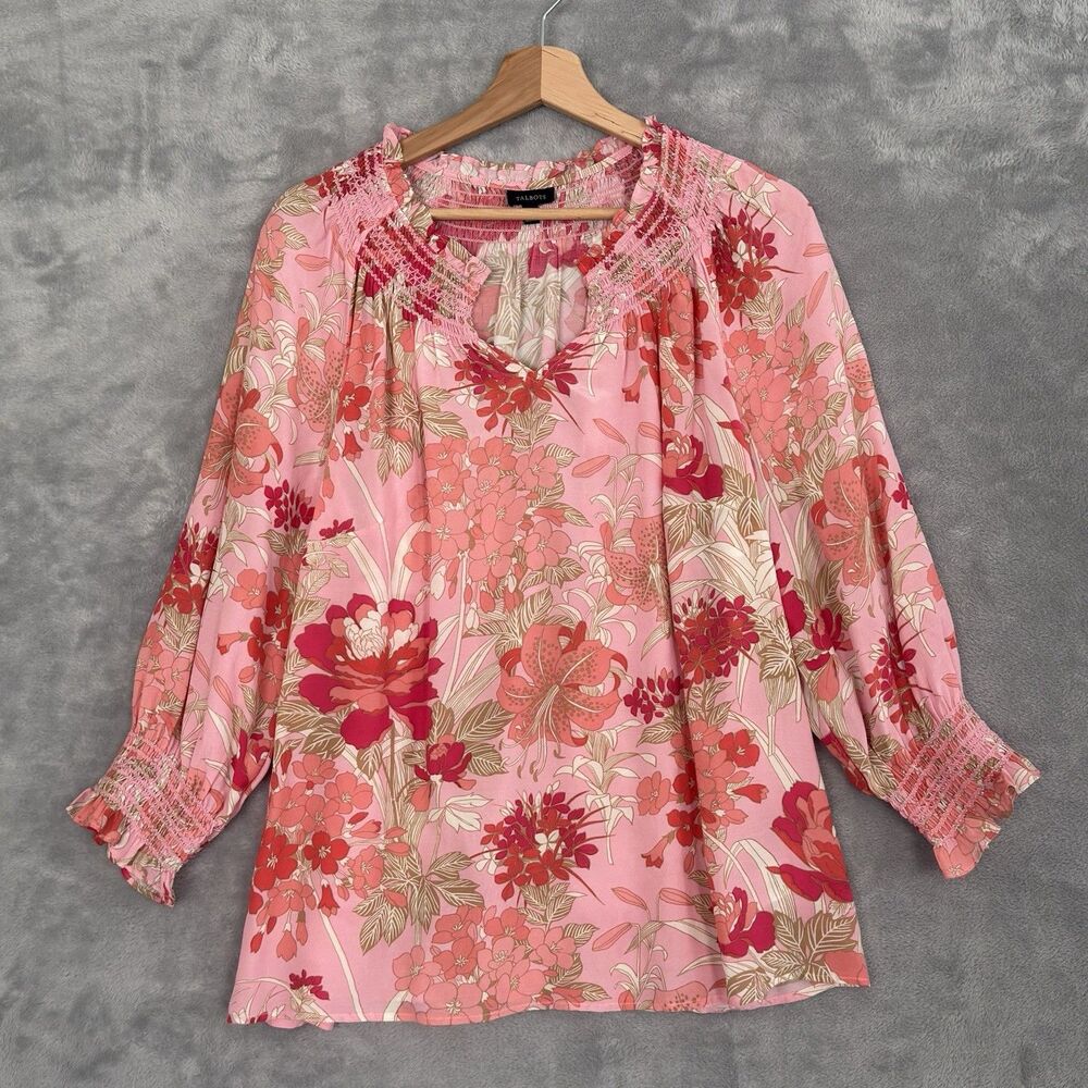 Talbots Blouse Womens Medium Pink Floral Chiffon 3/4 Sleeve Split Neck